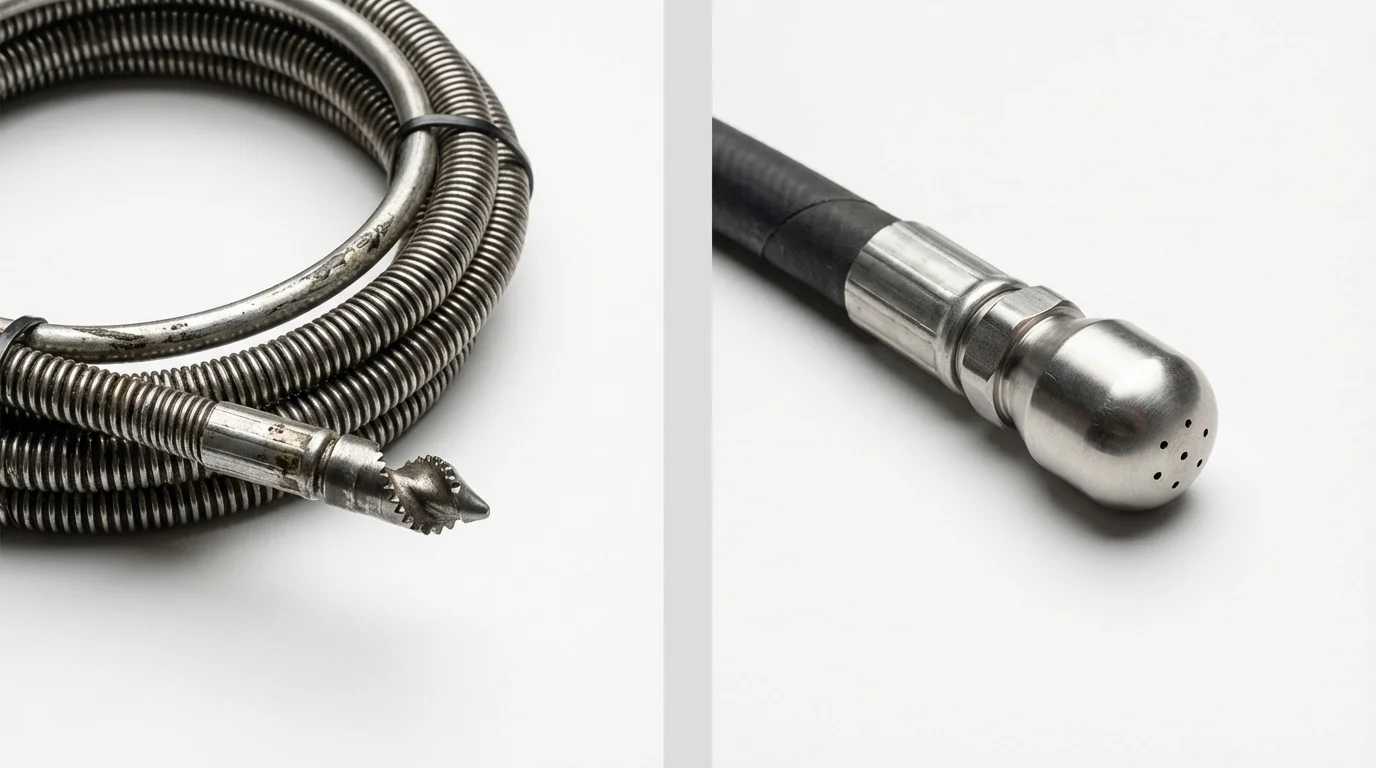 Drain snake cable and hydro jetting nozzle used for drain cleaning in Fremont, NH