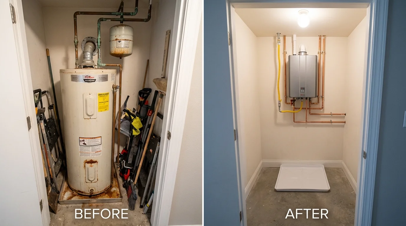 Tank water heater versus wall-mounted tankless unit comparison for Fremont, NH homeowners