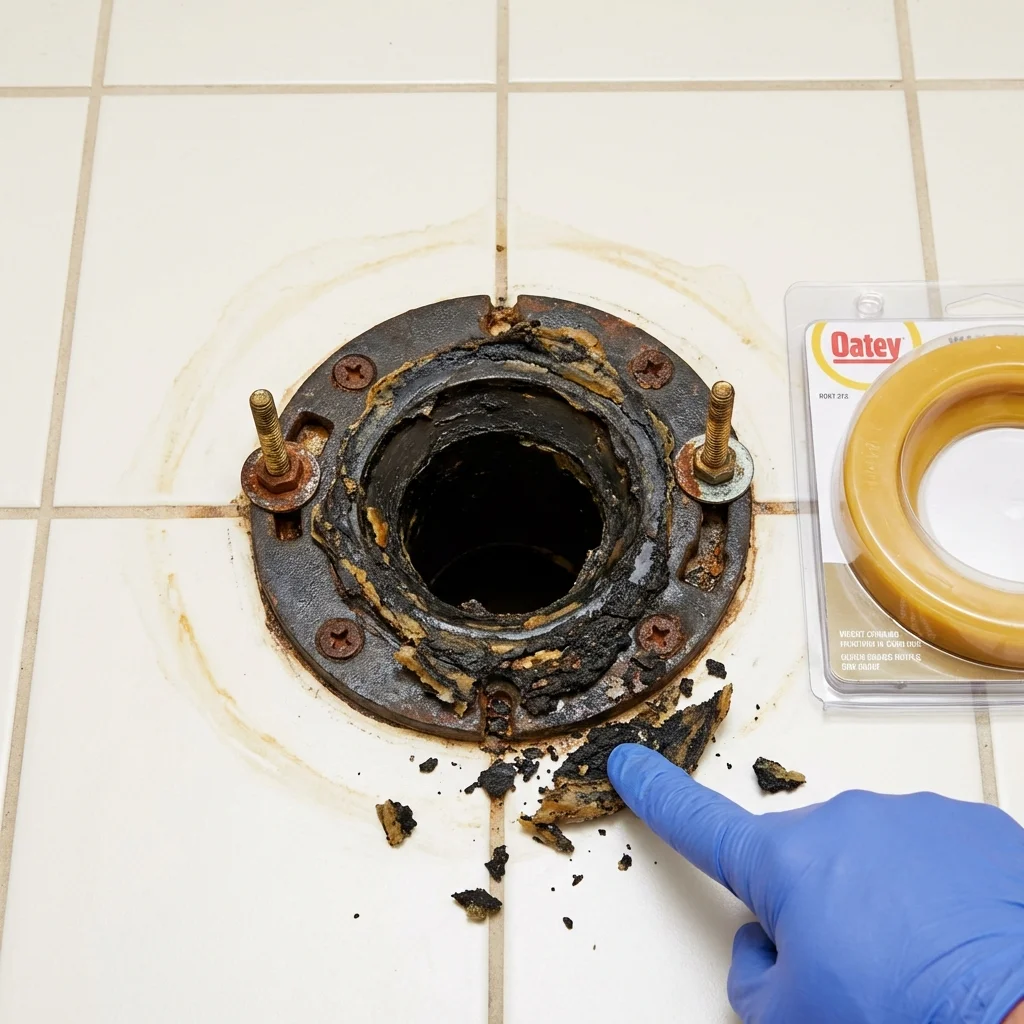 Failed wax ring showing water seepage at the base of a toilet in a Fremont, NH home
