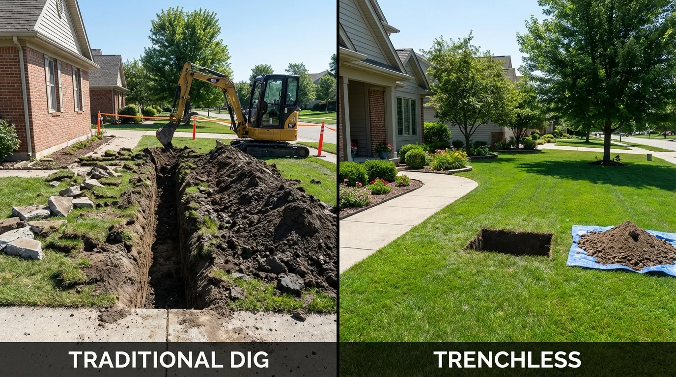 Trenchless sewer repair with minimal yard damage versus traditional excavation in Fremont, NH