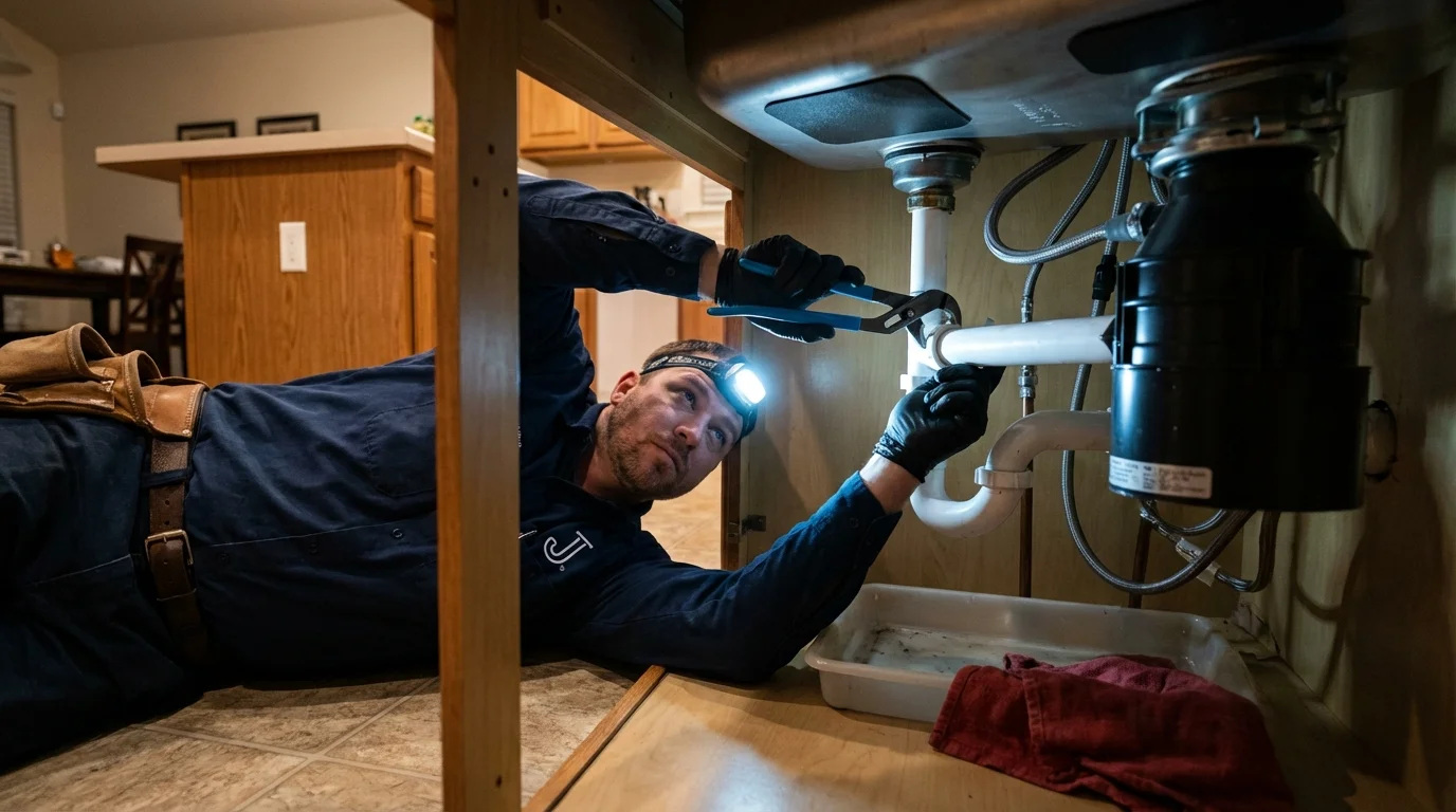 P-trap and supply line connections under a kitchen sink showing a common leak point in Fremont, NH